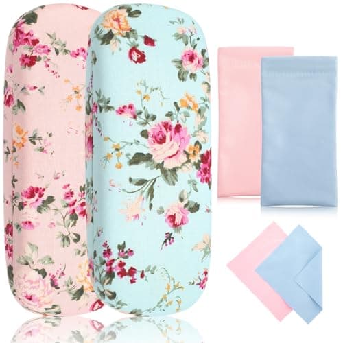 Image of ViEinkaufen 2Pcs Hard Shell Glasses Case for Women Men and 2Pcs PU Leather Eyeglasses Case with 2Pcs Cleaning Cloth Set, Floral Protective Spectacle Cases for Sunglasses/Reading Glasses, Blue,Pink
