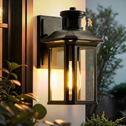 Image of CELAVY Outdoor Wall Lights with Motion Sensor, Waterproof PIR Outside Light Mains Powered, Vintage E27 Dawn to Dusk Front Door Porch Sconce, Black LED External Security Glass Lantern, Bulb Included