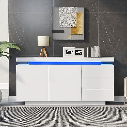 Image of BTM LED High Gloss Sideboard - 2 Doors 3 Drawers Storage Cabinet for Living & Dining Room, White