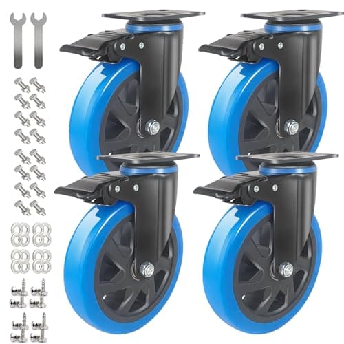 Image of IQWTU 150MM Heavy Duty Castor Wheels Furniture Castors with Brakes, Double Bearing PU Trolley Wheels Rubber Swivel Castor, 4 Industrial Plate Casters Capacity 900KG