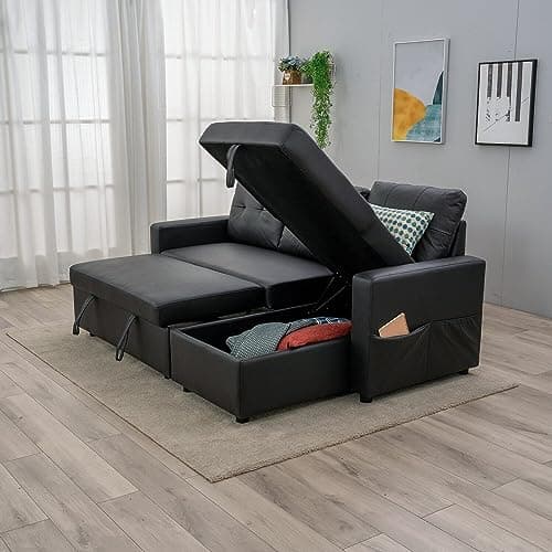 Image of Panana L Shaped Corner Sofa Bed, 3 Seater Pull Out Sofa Bed Sleeper with Hidden Storage and Reversible Chaise, Black Faux Leather