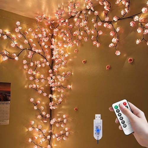 Image of DIY Cherry Blossom Lights,7.55 FT 144 LED Cherry Blossom Tree Branch Light,8 Modes Light Up Pink Wall Decorations for Bedroom,Christmas,Dimmable Vines with Flower Fairy Light,Remote,Timer