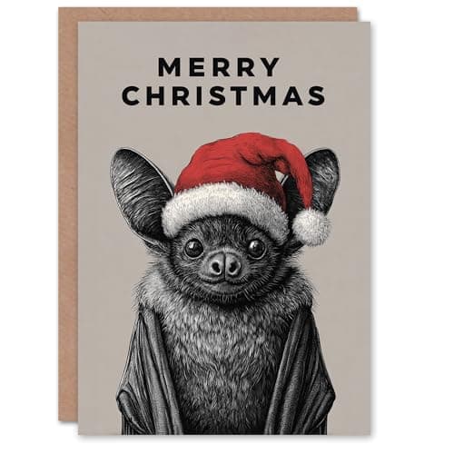 Image of Artery8 Christmas Card Cute Bat Wearing Santa Hat Vintage Style Drawing
