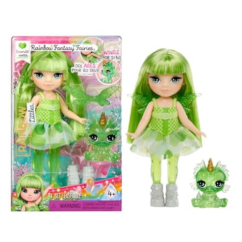 Image of Rainbow High Littles Rainbow Fantasy Fairies & Pet - Emerald, Green - 14cm Posable Small Doll & Fantasy Dragon Pet with Interchangeable Fairy Wings, Cute Present for Children 4+