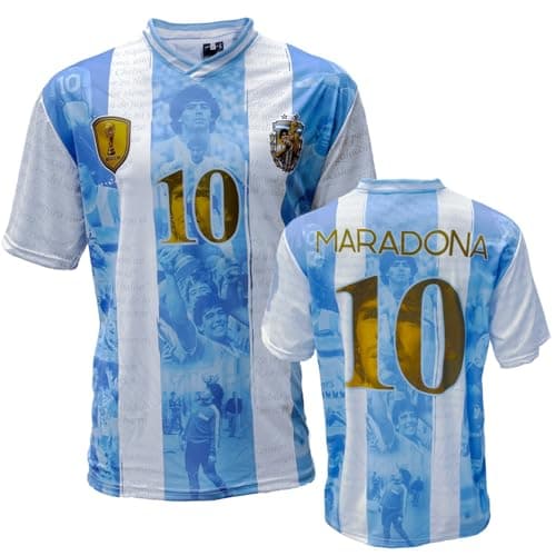 Image of Soul up Diego Armando Maradona Football Jersey – El Pibe de Oro. Official Replica Argentina Football Shirt for Boys and Adults, Baby Blue and White, L
