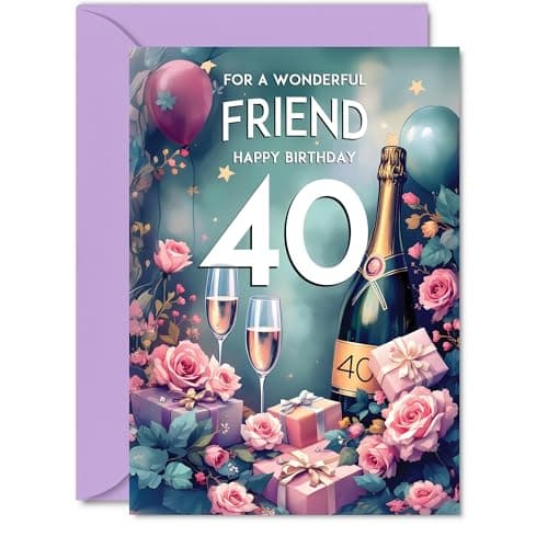 Image of 40th Birthday Card Friend - Pink Presents Champagne Bottle - Gorgeous Pretty Beautiful Birthday Cards for 40 Year Old Woman Women, 5x7 Inch Greeting Cards Gift