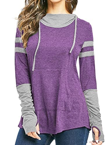 Image of iChunhua Long Sleeve Hoodie Pullover Sweatshirt Patchwork Striped Jumper with Thumb Holes Purple XXL