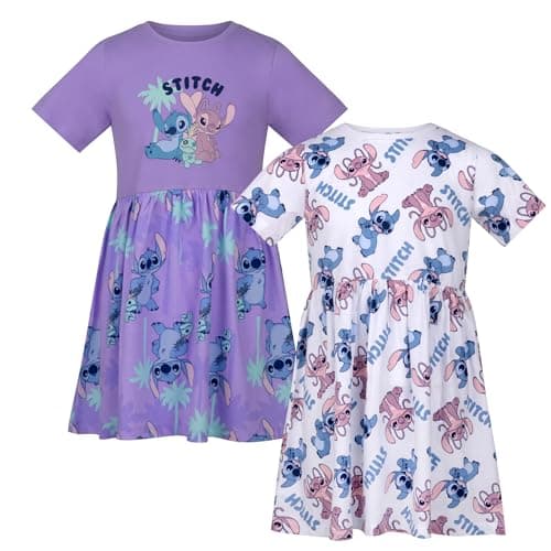 Image of Disney Stitch AOP 2 Pack Day Dresses, 100% Cotton, Casual Dress, Purple/White, 3-4 Years: 104cm, Multicolor