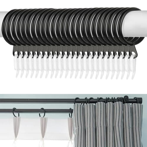 Image of Curtain Rings, 24pcs Black Metal Rings with 24pcs Plastic Hooks, Drape Sliding Curtain Hanging Ring for Pole Rod, 30 mm Internal Diameter