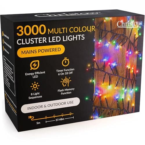 Image of Christow 3000 LED Cluster Christmas Tree Lights, Multi-Coloured Fairy Lights with Timer, 8 Light Modes, Energy Efficient 3mm Micro LEDs, Indoor & Outdoor, Mains Powered, Green Cable, 37.48m Lit Length