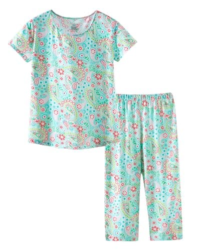 Image of CHUNG Women Pyjama Set Short Sleeve Top Capri Pants Cotton Blend Loungewear Pjs Floral Animal Print S-3XL Green Paisley, L