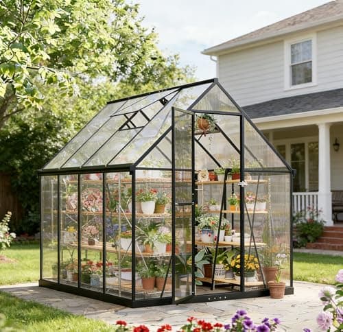 Image of 6 x 10ft Polycarbonate Greenhouse, 2026 Upgraded Large Garden Black Greenhouse with Adjustable Roof Vent, Lockable Door, Upgraded Aluminum Anti-Storm-Snow frame, Plant Grow House for Patio Backyard