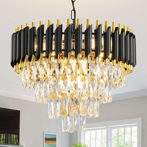 Image of MSSIAN Gold Modern Crystal Chandeliers 4-Tier K9 Round Crystal Chandeliers Light Fixture Black Ceiling Light Fixture for Dining Room Living Room Bedroom Entryway ,E14*7Light