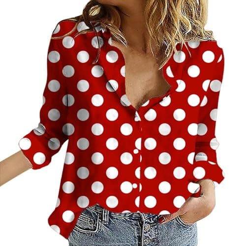 Image of Womens Blouses Button Down V Neck Collared Classic Polka Dot T Shirts Casual Long Sleeve Ladies Tops(Red, XXL)