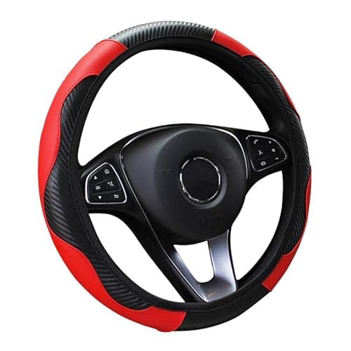 Image of VidFair Car Steering Wheel Cover Leather,Anti-slip Breathable Carbon Fiber Sports Elastic Band Without Inner Ring Steering Wheel Cover Universal Size for Fit Four Seasons(Black-Red)