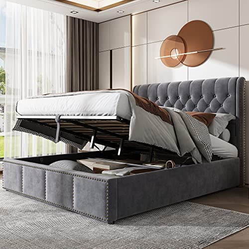 Image of Merax Upholstered Bed Frame with Hydraulic Lift, 6FT Super King Size Bed Frame with Storage, Functional Ottoman Bed, Sturdy Construction, Without Mattress, Elegant Velvet Finish, Grey, 180x200cm