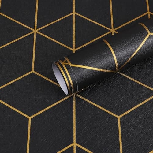 Image of Timeet Peel and Stick Wallpaper Black and Gold Self Adhesive Wallpaper Geometric Contact Paper Sticky Back Vinyl Texture Wall Covering Removable Decorative Film 44x300cm