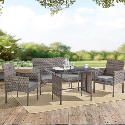 Image of EVRE Porto Rattan Garden Furniture 4 Seater Outdoor Furniture Set with Garden Sofa, 2 Garden Chairs & Tempered Glass Table, Cushioned Patio Set for Balcony & Conservatory, Brown.