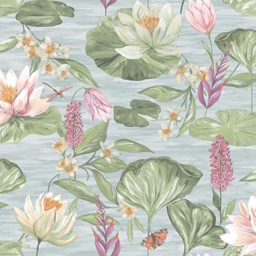 Image of Holden Rural Paradise Lily Pad Wallpaper - Modern Wallpaper for Living Room, Bedroom, Fireplace - Decorative Luxury Floral Wall Paper with Marsh & Pond Pattern (Blue)