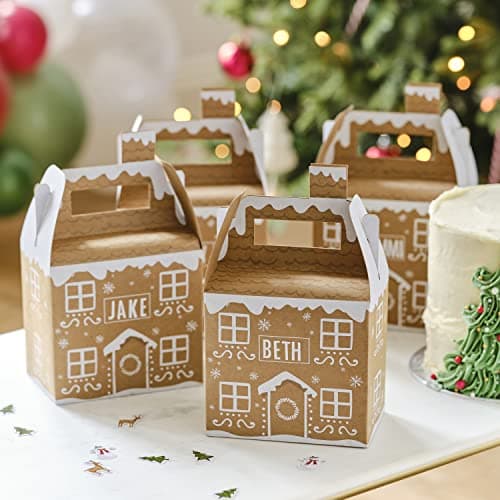 Image of Ginger Ray Gingerbread House Gift Present Wrapping Boxes with Personalised Sticker Names, Pack of 4, MLC-137