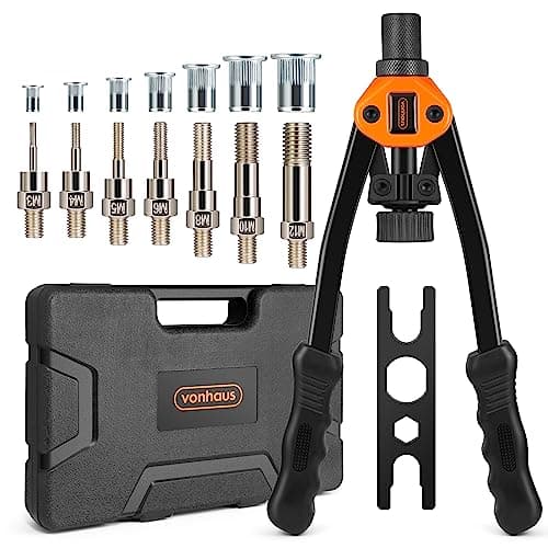 Image of VonHaus Rivet Nut Gun - Rivnut Tool - Hand Riveter Pliers Set - Nutsert Tool - with M3 M4 M5 M6 M8 M10 M12 Metric 7 Mandrels and 150Pcs Assorted Rivnuts - Nutsert Thread Setter with Carrying Case