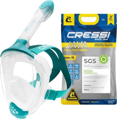 Image of CRESSI Java Junior Full Face Mask Clear/Aquamarine XS-Junior Full Face Compact Fit Snorkel Mask, Ultra Clear Anti Fog Lens, 100% Silicone, Snorkel Dry with Safety Valves, Transparent/Aquamarine, XS