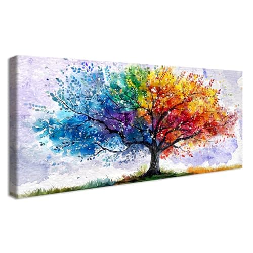 Image of Wooden Framed Large Canvas Wall Art Watercolour Tree Of Life Abstract Painting on Canvas Prints Poster Colourful Tree White Snowflake Pictures for Living Room Bedroom Restaurant Wall Decor 50x120cm