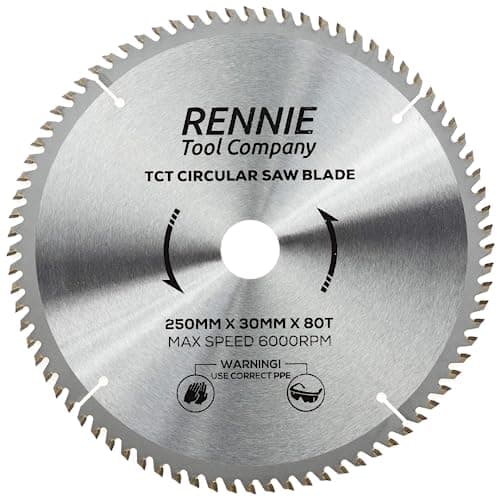 Image of Rennie Tools - 250mm x 30mm x 80T TCT Circular Wood Saw Blade Includes 25mm 20mm & 16mm Bore Reduction Rings. Compatible with Bosch Makita Dewalt Circular Saw Etc. Fits 255mm Circular Saws