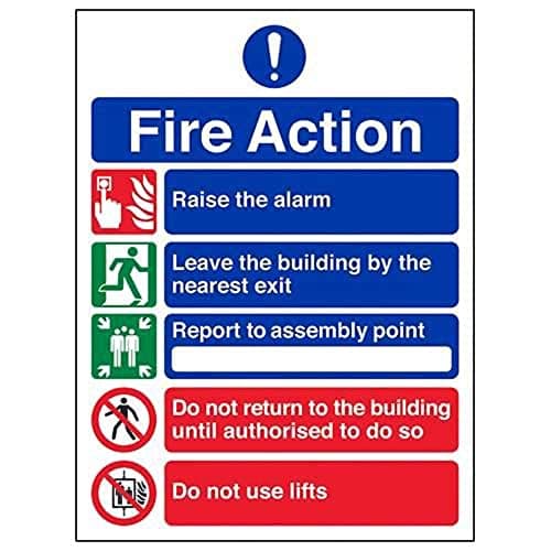Image of V Safety General Fire Action 5 Message Sign - Portrait - 150mm x 200mm - 2mm Rigid Plastic