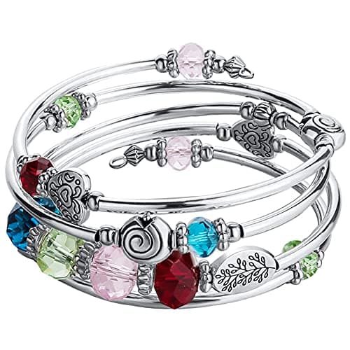 Image of BULINLIN Crystal Beads Layered Bangle Bracelet, Silver Plated Metal Wrap Bracelet with Pearl, Jewellery Gifts for Women Ladies Friends（Colorful）