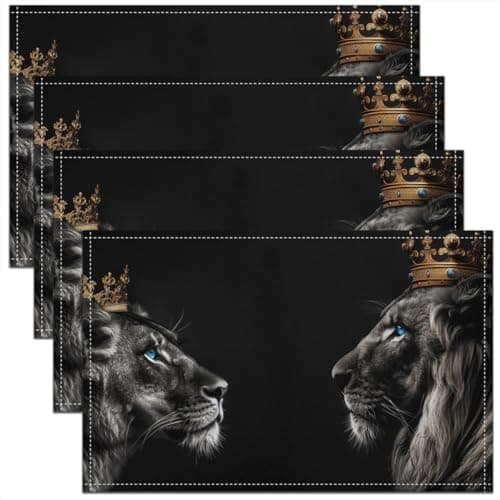 Image of Homemissing Lion Placemat for Kitchen Dining Table 45X30cm Boys Girls Gold Queen and King Crown Table Place Mats For Safari Washable Fabric Table Mats Placemat Wild Animal Black Table Mats