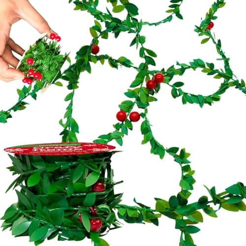 Image of Green Holly Leaves 2M Garland with Red Shiny Berries, Luxury Christmas Tree Decoration, Best for Xmax Party and Home Decoration