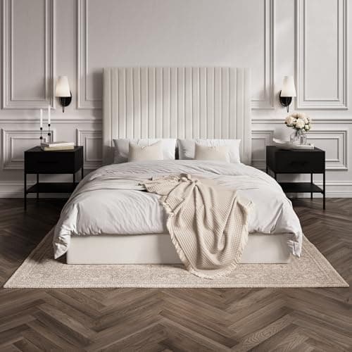 Image of LPD Home Berlin Tall King Milk Velvet Bed Frame with Ottoman Storage, Fluted Headboard (Mattress Not Included)