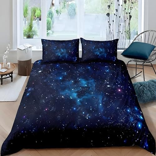Image of Qiwagu Blue Galaxy Duvet Cover Double, Soft Reversible Quilt Cover with Starry Sky Decor Space Pattern, Double Bedding Set with Zipper Closure, Comforter Cover and 2 Pillowcases, 200x200 cm, Z13