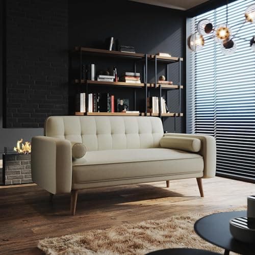 Image of ELEGANT 2 Seater Sofa, Convertible Fabric Sofa Bed with Wooden Legs and Removable Armrests, Upholstered Couch, Modern Love Seat for Living Room, Bedroom, Office, Studio, Cream White
