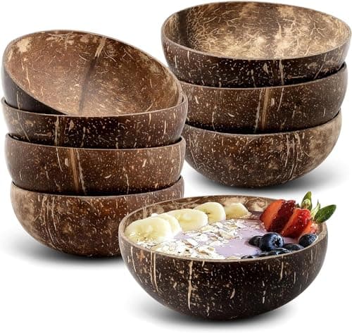 Image of Malloom Natural Coconut Bowls Set of 8, 450 ml/15 Oz Polished Wooden Smoothie Bowl Acai Salad Bowl Buddha Bowls for Vegan Gifts Kitchen Decor Party Serving Bowl, 15x15 cm