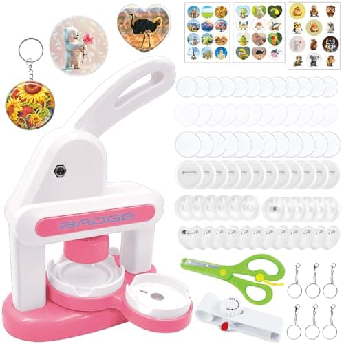 Image of Nexstron Badge Making Kit, Badges Punch Press Machine with Multiple Sizes (35mm+55mm+Love), DIY Pin Badge Maker Button Maker Kit with 36X Badges, 1X Round Paper Cutter, 1X Cute Stickers (Pink)