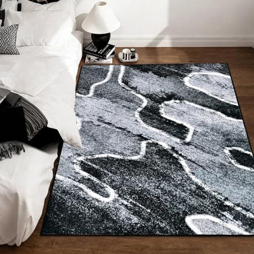 Image of Alishomtll Rugs Living Room 120x160cm, Area Rugs for Bedroom, Anti-Slip Washable Soft Large Rug, Faux Wool Geometric Lines Modern Easy Clean Carpets Durable for Room Hotel Home Grey and Black