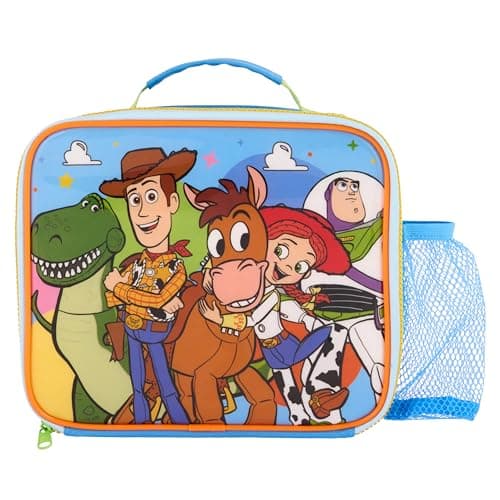 Image of Disney Toy Story Insulated Lunch Bag Featuring Rex, Woody, Bullseye, Jessie, Buzz Lightyear with Wipe Clean Antibacterial Lining & Mesh Bottle Pocket, Blue, for School & Travel
