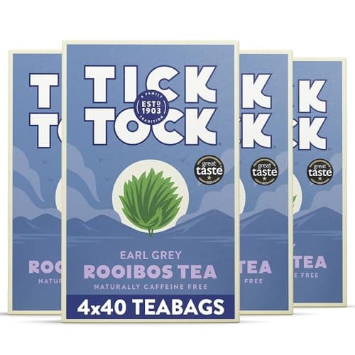 Image of Tick Tock Earl Grey Rooibos Tea, Naturally Decaf Earl Grey Tea Bags, Caffeine-Free, Pack of 4 x 40 (160 Teabags) Biodegradable, Redbush
