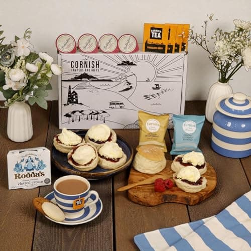 Image of Cornish Afternoon Cream Tea Hamper – 4 Person Deluxe Cream Tea - Fresh Scones, Tea, Jam, Cornish Biscuts & Roddas Clotted Cream, Elegant Packaging Gift - Birthday, Anniversary & Special Occasions