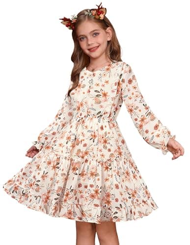 Image of GRACE KARIN Kids Flower Girl Dresses V Neck Long Sleeve Chiffon Midi Tiered Dress Beige-2 6-7 Years