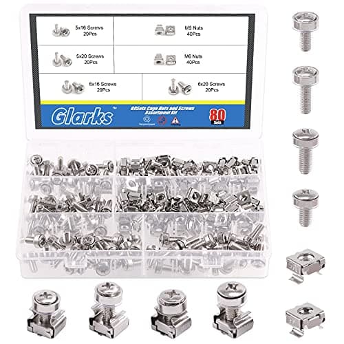 Image of Glarks 80Sets/160Pcs M5 M6 Cage Nuts and Screws Set, Square Hole Hardware Cage Nuts & Mounting Screws Washers for Server Rack and Cabinet (M5 x 16mm, M5 x 20mm, M6 x 16mm, M6 x 20mm)