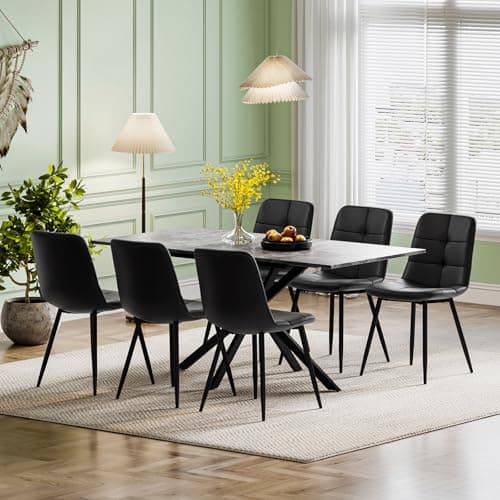 Image of Luxstein Extendable Dining Table and Chairs Set 6, 120-160cm Concrete Effect Table with 6 Black Upholstered PU Leather Chairs for Dining Room, Kitchen