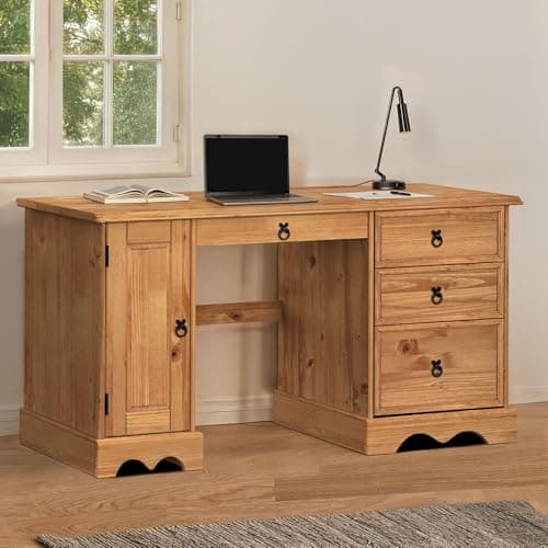 Image of Mercers Furniture Corona Solid Wood Pine Straight Computer Desk Drawers Keyboard Shelf Door Cupboard Wooden Large Long Office Bedroom Mexican Style 74cm High 145cm Wide 48cm Deep
