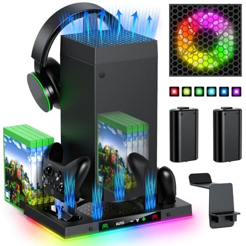 Image of Auto Cooling Fan and Charge Stand Accessories for Xbox Series X Console with 15 Light Modes, Wireless Dual Charger Dock for XSX Controller, 2 Rechargeable Batteries, Headset Stand & Game Disc Storage
