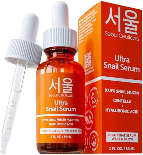Image of SeoulCeuticals Korean Skincare Snail Serum - 97.5% Snail Mucin Night Serum - Anti-Aging, Anti Wrinkle Hyaluronic Acid Face Brightening Serum - K Beauty Skincare Centella Wake & Glow Serum - 30ml