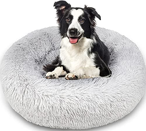 Image of Enjamoy Plush Donut Dog Bed, Calming Round Dog Cat Bed Soft and Fluffy Cuddler Pet Cushion Self-Warming Puppy Beds Machine Washable, Grey 80cm