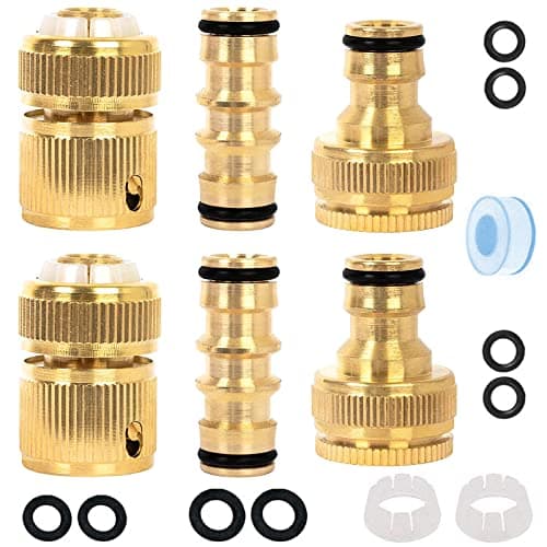 Image of Kazaigou 6 Pack Brass Garden Hose Connector, Garden Hose Tap Connector Pipe Fittings Kit, 2 Double Male Connector, 2 Hose End Connector, 2 Hose Tap Connector 1/2'' & 3/4'' 2-in-1 Faucet Adapter