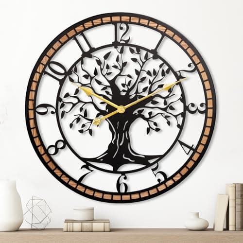 Image of Blissio Clocks for Living Room,Large Wall Clock,Tree of Life and Wooden Frame Design,Non - Ticking Battery Operated,for Dining Room,Bedroom,Kitchen,Office Wall Decor - (60x60CM)